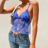 OMSJ SMMER Fantasy Sexy Backless Sling Dunne Tank Top Blue Starry Sky Ripple Print Contrast Color See through Lace-Up Street Tops 210517