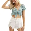 여성 티셔츠 꽃 프린트 여름 슬림 피트 나비 반소매 깊은 V 넥 레이스 업 프릴 휴일 톱 210522