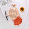 0-18 M Doğan Bebek Bebek Kız Giysileri Set Gökkuşağı Ekose Romper Ruffles Şort Sonbahar Kıyafetler Giyim 210515