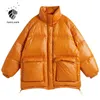 Fansilanen Orange Thermal Phugher Down Куртка Женщины Осень Зимнее Грудное пальто Женский Карманный свет Короткое стеганое 210607