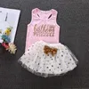 Yaz Çocuk Setleri Moda Kolsuz O Boyun Mektubu Tops Altın Yay Nokta Örgü Etek Rahat 2 adet Kız Giysileri 1-7 T 210629