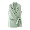 fashion women green vest elegant lady v-neck bow outerwear causal female polyester and cotton girls chic sets 210430