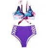 Women's Swimwear Summer Sexy Print Violet 2021 Cross Mesh Strap Halter Two Piece Swimsuit Women High Waist Bikini