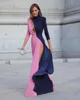 Women Dress Hollow Out Split Sexy Color Stitching Maxi es Temperament Long Sleeve High Waist Ball Gown 210524