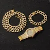 Necklace +Watch+Bracelet Hip Hop Miami Curb Cuban Chain Gold Full Iced Out Paved Rhinestones For Men Jewelry