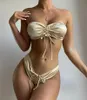 Dames badmode dames 2 stuks gouden trekkoord ruches bandeau gevoerde bikini sets voor vrouwen sexy hooggesneden lage taille badpak