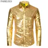 Mäns disco glänsande guld sequin metallisk design klänning skjorta långärmad knapp ner jul halloween bday party scen kostym h1014