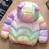 2021 Vinter Baby Girls Tie Dye Down Coat Koreanska Kids Kläder Söt Barnens bomull Öron Hooded Parkas Toddler Varm Ytterkläder 6 H0909