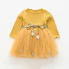 Retail Spring Autumn Girl Sweet Dress Glitter Star Sash Long Sleeve Princess Dresses Children Clothes 3-7 Years AZ1490 210610