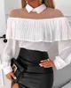 Wiosna Jesień Damskie Ruffles Hem Sheer Siatki Koszula Nowy Femme Casual Długie Rękaw Bluzyki Biurowe Damskie Eleganckie stroje Top 210415