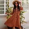 Chiffon Dress Fashion Brown Vintage Ladies Button Sashes Long Dresses For Women Elegant Fall Autumn Clothes New Arrival 210415