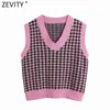 Frauen Vintage V-ausschnitt Houndstooth Print Weste Pullover Weibliche Herbst Ärmellose Patchwork Casual Pullover Chic Tops S527 210416