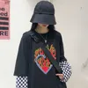 Korea ins Harajuku streetwear black and white checkerboard flame print top fashion women's fake two loose long-sleeved T-shirts 210608