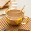 500ml Japanese Glass Milk Mug With Spoon Flower Pattern Breakfast Oats Home Kitchen Coffee Handgrip Cup Large Capacity 220311