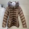 Women Nylon Short Down Jacket Designer Lady Warm Big Fur Hooded Button Zipper Closure Outwear Fashion Girl Waist Belt Stand Collar Padded Parka