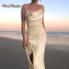 Satin Summer Midi Dress Mulheres Spaghetti Strap Backless Beach Vestidos Longos Retalhos Verde Split Robe Prom Night Outfits 210517