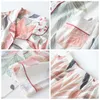 JULY'S SONG 2 Pieces Pajamas Set Women Cotton Pink Plant Printing INS Long Sleeves Trousers V-neck Knitted Autumn Sleepwear Suit 210809