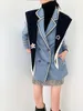 2 Piece Winter Wool Coat Tweed Jacket Fashion Women Blue Double Breasted Designer Overcoat 210427