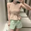 Ladies Tops Beige Ruffle Backless Crop Top Women Blouses Summer Contrast Thin Strap Woman Blouse Female 210430