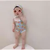 Recém-nascido infantil bebê menino e menina sem mangas sling swimsuit criança criança garoto padrão de flor de algodão impresso com natação boné 210413