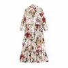 Kvinnor Vintage Loose Long Dress Floral Print Slå ner Krage Shirt Es Lantern Sleeve Ruffle Casual 210515