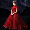 Ucuz Allık Kırmızı Bling Çiçek Kız Elbiseler Uzun Kollu Düğün Dantel Aplikler için Balo Doğum Günü Kız Communion Pageant Abiye