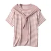 Women's T-Shirt 2021 Summer Striped Round Collar Navy Shawl Short Sleeves Thin Knit Top Web Celebrity Korean Small Blouse Woman