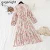 Vintage Butterfly Sleeve Floral Print Tender Dresses Chiffon Sashes Spring O-Neck Robes Office Ladies Vestidos 210601