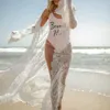 Sexiga kvinnor spets mesh ihålig strandklänning långa kläder genomskinliga bikini täcker badkläder maxi sarong kimono kaftan /2 kvinnor