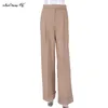 Mnealways 18 Spring Summer Black Ladies Office Trouser High Waist Pants Pockets Female Pleated Wide Leg Solid 220211