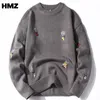 Hmz vinter stickad broderi tröja män harajuku hip hop streetwear pullover jumper män kläder mode tecknad par tröjor