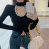 Ezgaga Sexy T Shirts för Women Turtleneck Hollow Out Tops Design Rhinestone Slim Base Långärmad Elegant Lady Crop Tops Fashion 210430