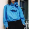 Fashion Blue Asymmetric Loose Blouses Shirt Kvinnor Bow Collar Långärmad Kvinnlig Skjortor Chic Tops Ladies Casual Clothing 210430