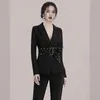 Business Frühling Herbst Frauen 2 Stück Set Formale Schwarz Langarm Kerb Blazer Mantel + OL Bleistift Hose Anzug mit Gürtel 210518