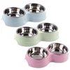 Pet Dog Duble Bowl Kitten Food Water Feefer Stainless Steel Small Dogs Cats Drinking Dish Feeder for Supplies Feeding Bowls 210615