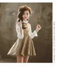 Summer Children Sets Casual Long Sleeve Print Floral T-shirt Sleeveless Plaid Dresses 2Pcs Girls Clothes 3-12T 210629