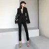 Runway Women Black Blazer Lace Patchwork Flare Rękaw Slim Elegancka Lady Work Blazers Feminino Suit Kurtki 210608