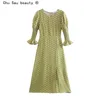 夏のシックなOネックの弾性カフの水玉模様の蓮の葉の袖のドレスのスプリットレトロな休日スタイルロングスカートファッション210508