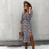 Autunno Inverno Lungo Abito con stampa floreale Abito per le donne Casual Manica lunga Abito spaccato Donna Boho Elegante Maxi Abiti da festa 210806