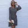 Dam Vintage Spring Höst Kort Klänning Kvinnor Casual Full Sleeve Slim Bandage Leopard Print Kvinnor Mini Dress Vestidos Kvinna 210416