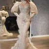 2022 Sexy Meerjungfrau Prom Kleider Sehen Sie durch funkelnde Pailletten tiefe V-Ausschnitt Halfter 3D Blume afrikanische günstige formale Abendparty Kleider
