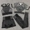 4 Stücke Nahtlose Yoga Set Frauen Kurzarm Crop Tops + BH Fitness Shorts Sportbekleidung Gym Leggings Trainingskleidung Sport 210802