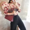 Sexy Embroidered Butterfly Flower Mesh Shirt Elastic Female O-Neck Long Puff Sleeve Crop Top Perspective Zipper Blouses Shirts 210416