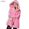 Ftlzz inverno mulheres jaquetas 90% branco pato para baixo parkas solto plus tamanho casacos com capuz médio longo quente casual rosa neve outwear 211007