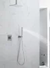 Soffione doccia a pioggia in nichel spazzolato caldo e freddo Set di rubinetti per doccia a pioggia per montaggio a parete da bagno a LED da 8 x 12 pollici