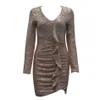 Summer Women's Gold Sequin Long Sleeve Mini Dress Sexy Ruffled V-neck Fashion Party Celebrity Runway Club 210525