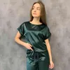 Hechrecen Grön Brun Kvinnor Sleepwear 2 Piece Set Round Neck Kortärmad Top Solid Lösa Byxor Satin Hem Använd Casual Suit Sets X0526