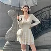 Casual Dresses Lace-Up V-Neck Low-Cut A-Line Women's Clothing Vintage Fashion Märke Spring Autumn Female Dress White