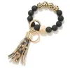 Black Frosted Wooden Bead Bracelet Keychain Party Favor Fashion Pattern Tassel Pendant Bracelets Women Girl Key ring Wrist Strap 7 Colors SN3330