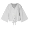 Jocoo Jolee Retro Single-Breasted Tie Up Bow Crop Tops Women Elegant Solid Long Sleeve V Neck Loose Blouse Harajuku Shirts 210518